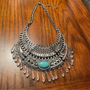 Vintage Unique Silver Plated Turquoise Faux Crystals/Rhinestones Bib Necklace
